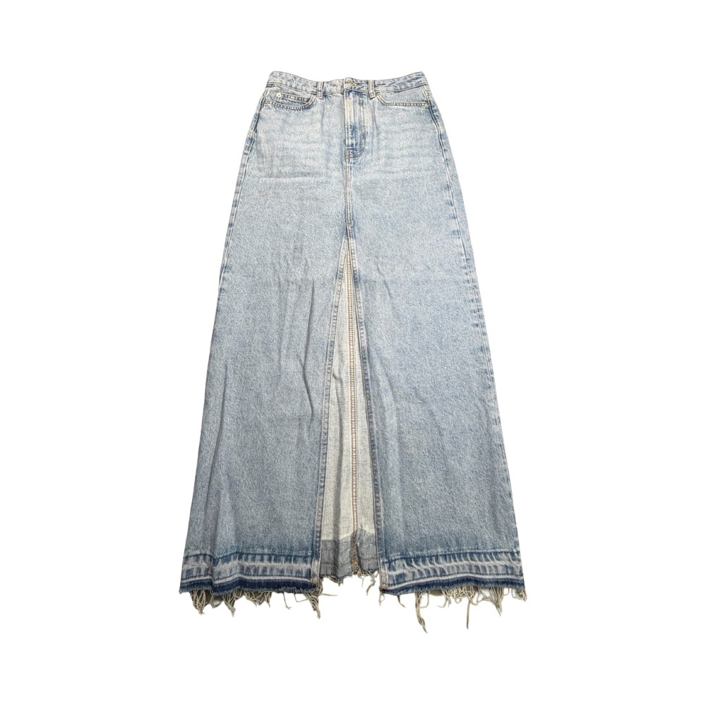 MNG Denim Maxi Skirt Women S Light Wash Front Slit Raw Hem Cotton Western